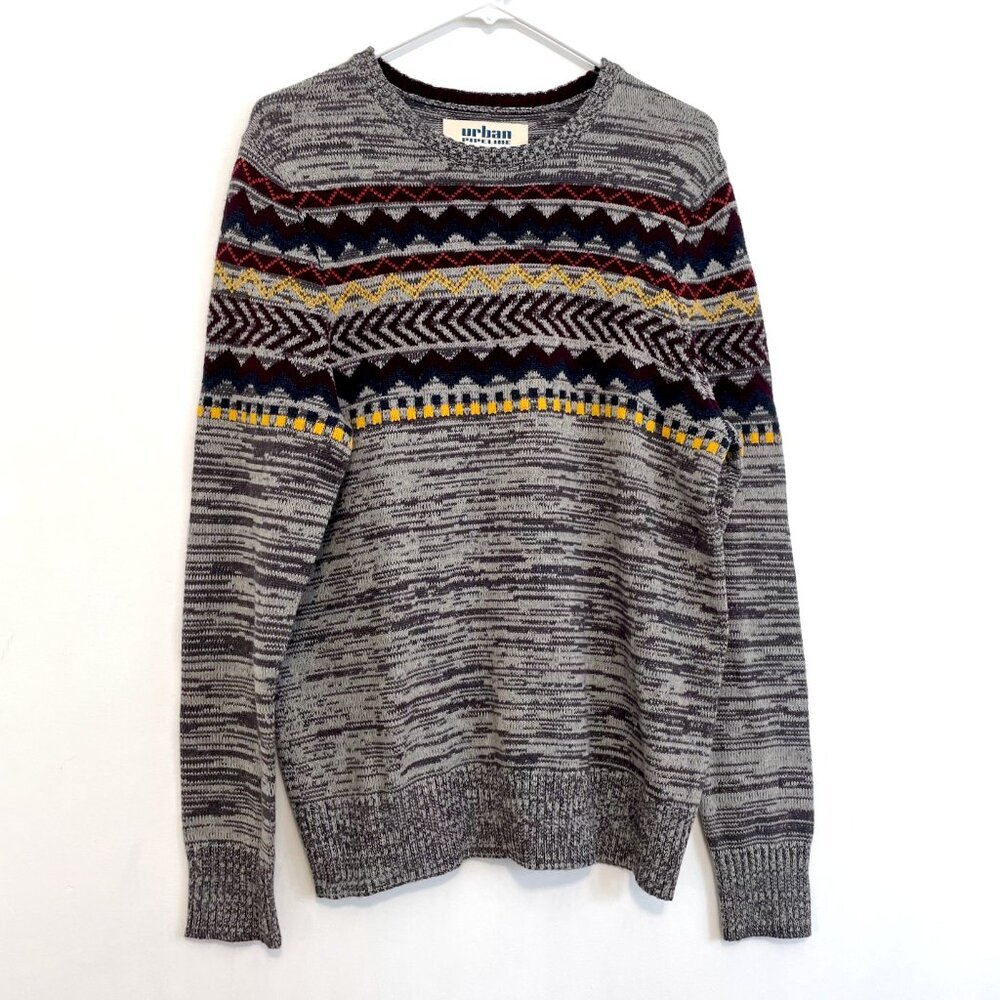 URBAN PIPELINE Mens Heather Gray Multi Fair Isle Nordic Aztec Crew Neck Sweater